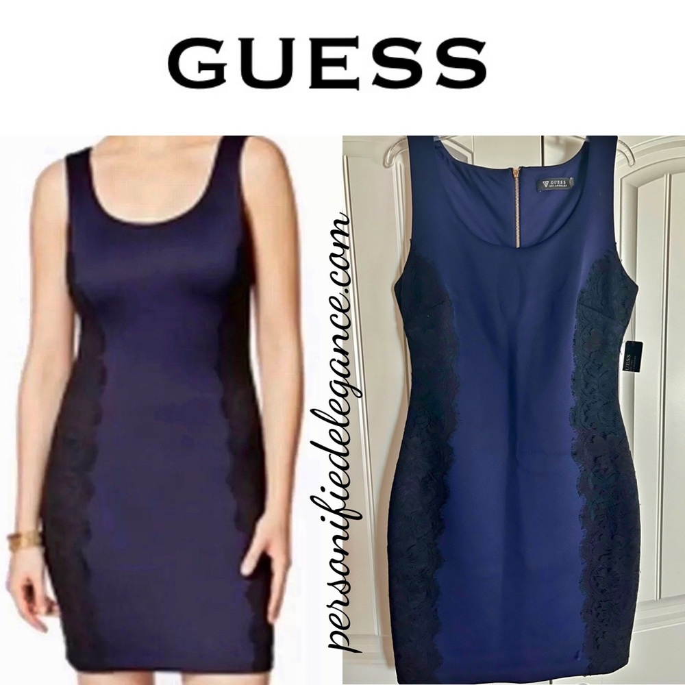 NEW Guess Blue Black Lace Accented Exposed Gold Back Zipper Stretch Dress Size 8